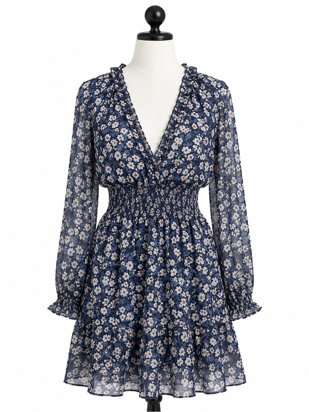 VICI Navy Blue Floral Smocked Mini Dress Long Sleeve Boho Cottagecore Size S - Picture 1 of 9